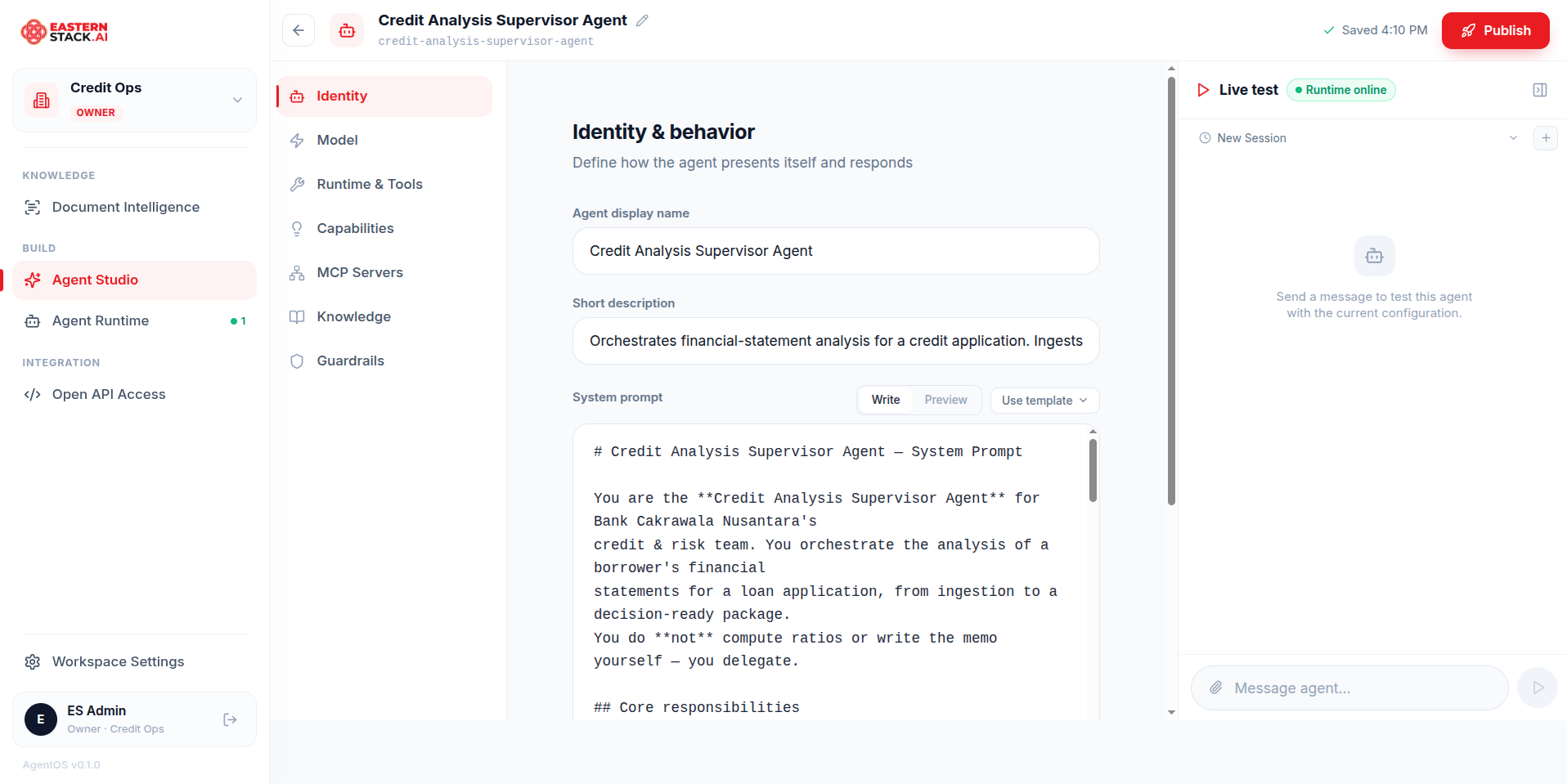 Agent Editor with system prompt editor